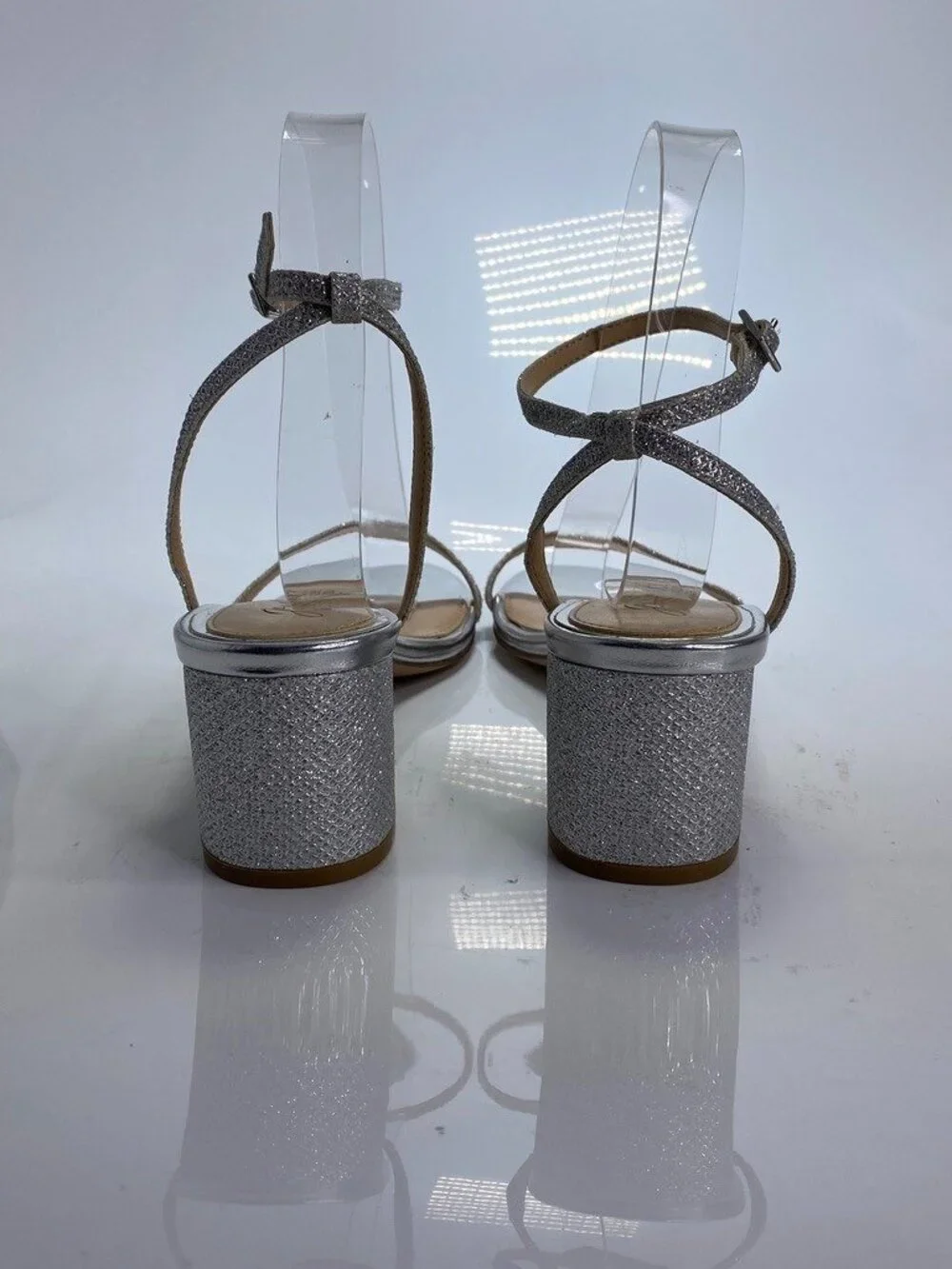 Jewel Badgley Mischka Women's Silver Glitter Strap Almond Toe Heel Sandal Sz 7.5